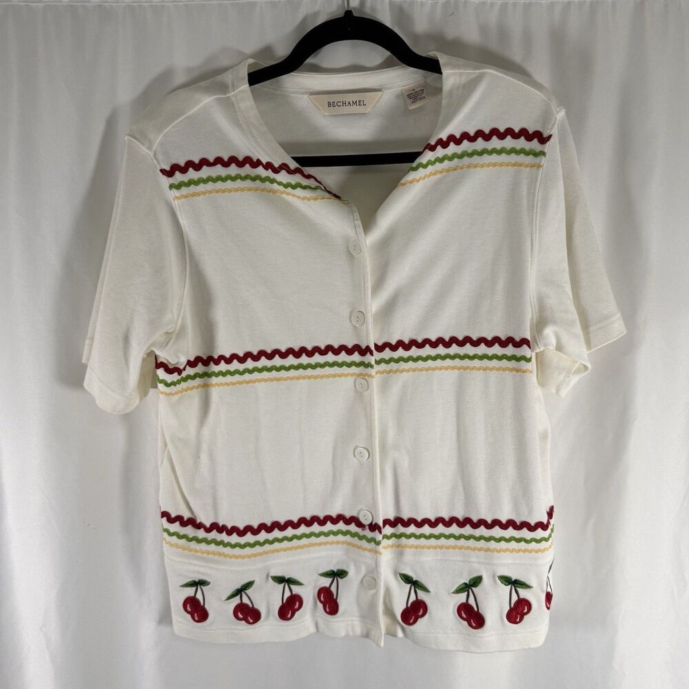 Bechamel Cardigan Women Large White Cherry Embroidered Button Front Shoulder Pad
